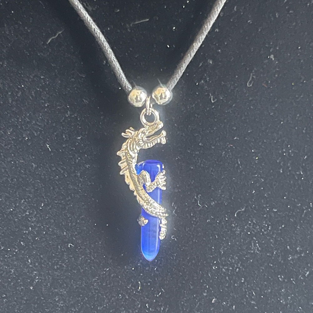 Silver Toned Dragon Blue Crystal Pendant Rope Necklace - Picture 3 of 8